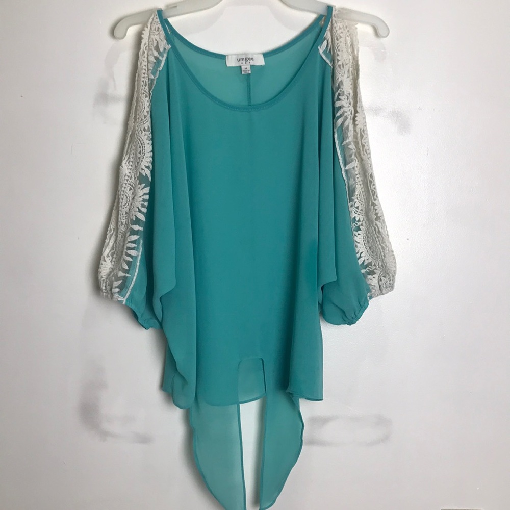 Umgee Light Green Lace Cold Shoulder Waist Tie Top